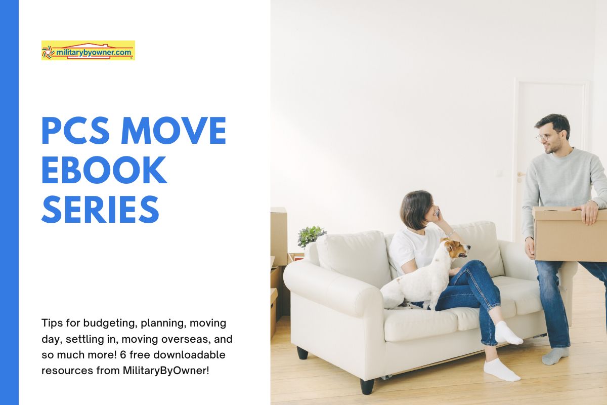 happy family with moving boxes and text how to download free PCS move guide
